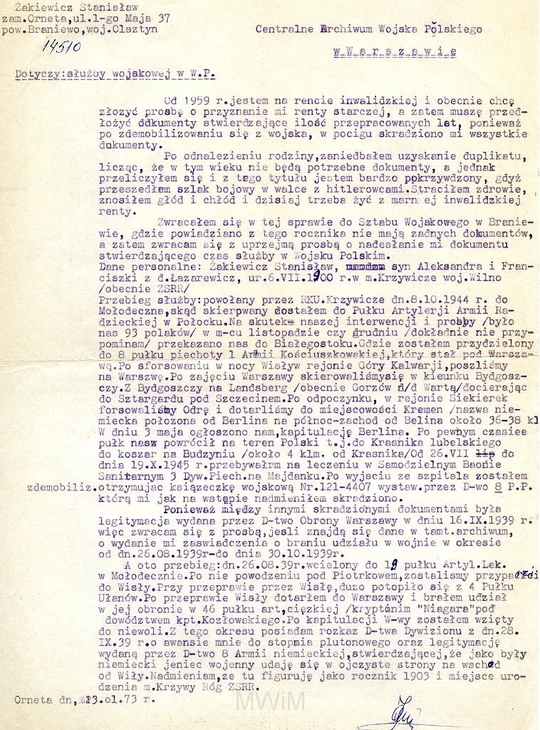 KKE 2153.jpg - Dok10. Pismo Stanisława Żakiewicz- tata Łucji Jaczewskiej (z domu Żakiewicz) do Centralnego Archiwum Wojska Polskiego w Warszawie w sprawie uzyskania odpisu dokumentów wojskowych, Orneta, 23 I 1973 r.